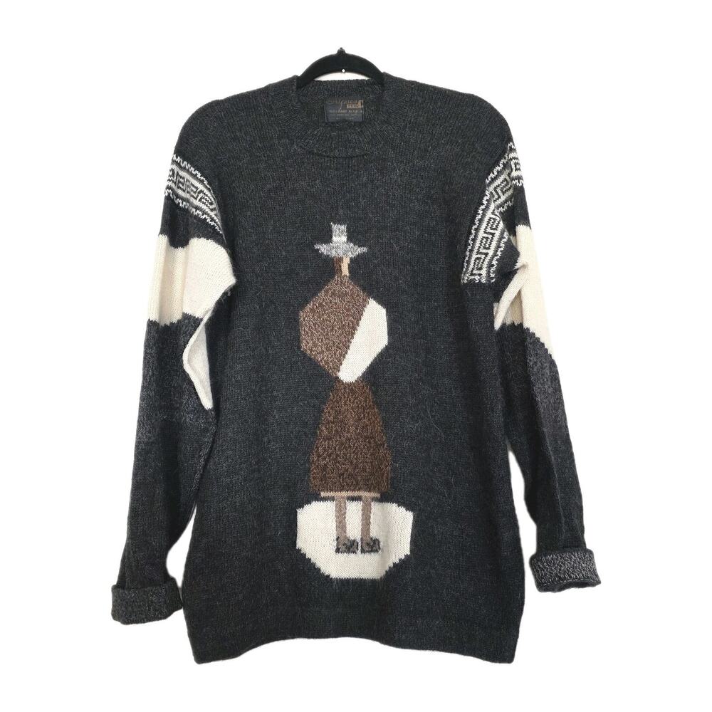 Vintage 100% Baby Alpaca Geometric Sweater Womens M Gray Wearable Art Luxury
